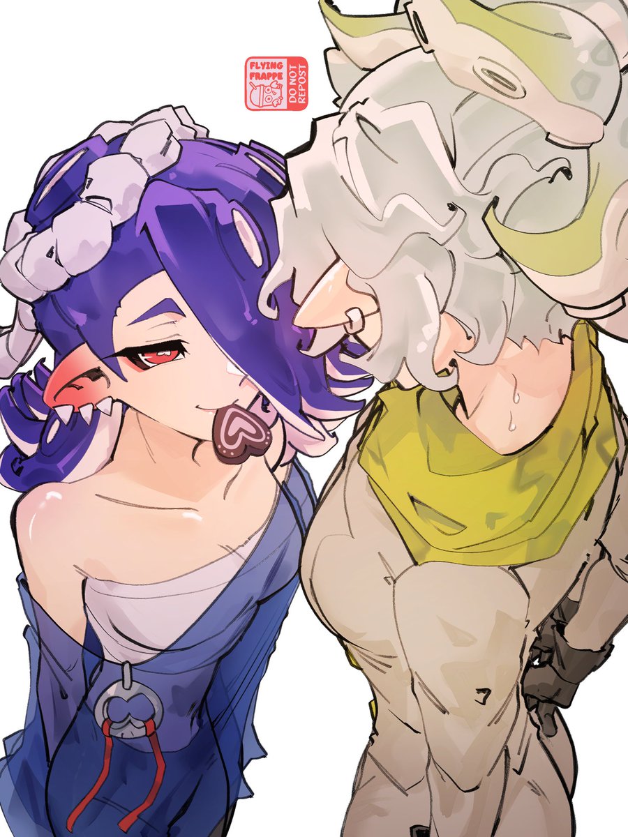 2girls artist_logo artist_name breasts candy chocolate collarbone earrings flying-frappuccino food heart heart-shaped_chocolate highres jewelry looking_at_another maid_headdress marie_(splatoon) mouth_hold multiple_girls pointy_ears shiver_(splatoon) splatoon_(series) splatoon_3 suction_cups sweat tentacle_hair white_hair yuri