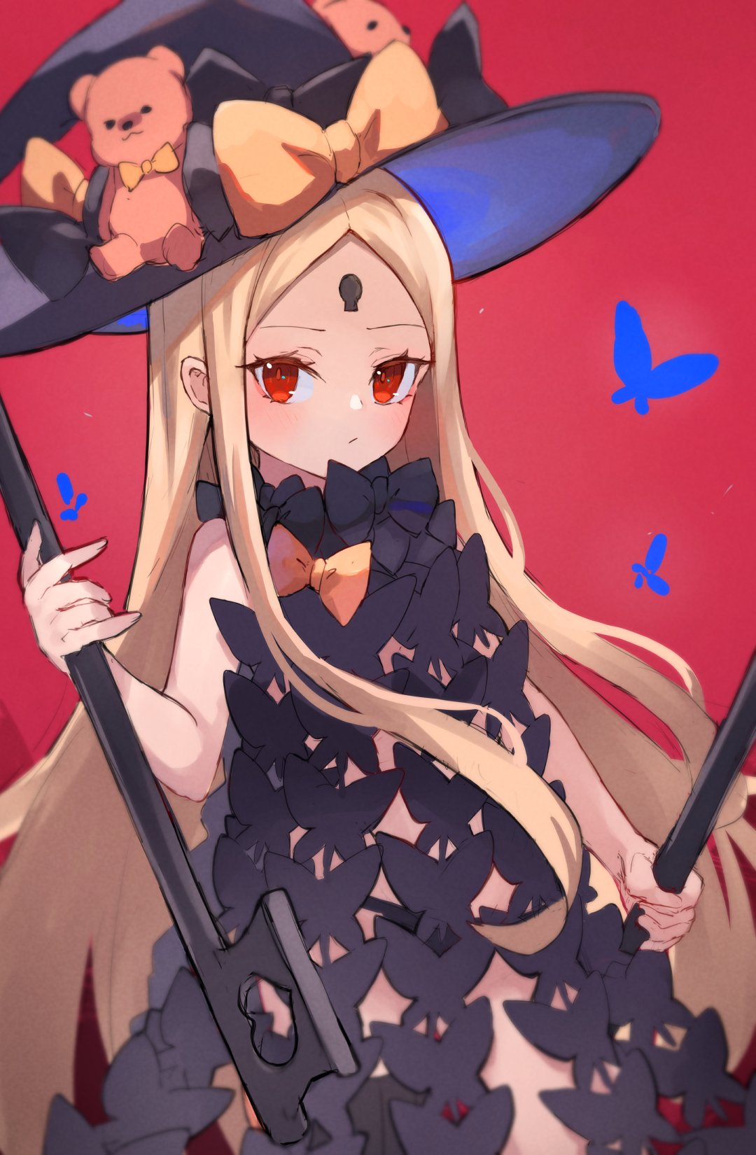 1girl abigail_williams_(fate) abigail_williams_(second_ascension)_(fate) bare_shoulders black_bow black_headwear black_panties black_thighhighs blonde_hair blush bow breasts bug butterfly fate/grand_order fate_(series) forehead hair_bow hat highres keyhole long_hair looking_at_viewer miya_(miyaruta) orange_bow panties parted_bangs polka_dot polka_dot_bow red_background red_eyes single_thighhigh small_breasts solo staff thighhighs thighs underwear witch_hat