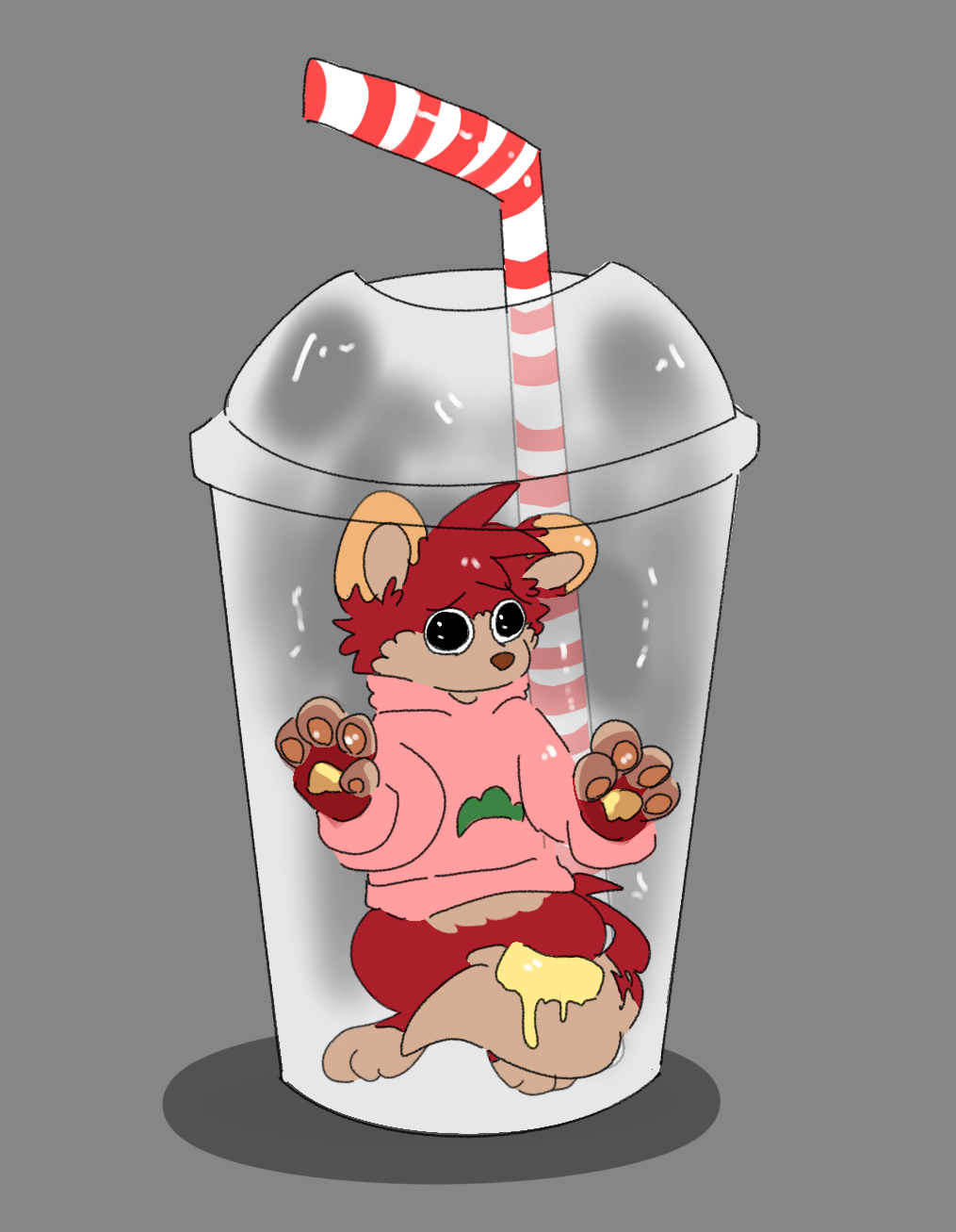 ambiguous_gender anthro bottomless butter canid canine clothed clothing container cup dairy_products food fur hi_res hoodie hoodie_only mammal pancake_tanuki partially_clothed raccoon_dog red_body red_fur softlocked solo straw tan_body tan_fur topwear topwear_only trapped
