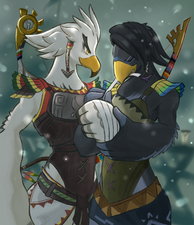 anthro armor avian bandage bird black_body bow_(weapon) braided_pseudo_hair breath_of_the_wild duo feathers harth_(tloz) male male/male nintendo pseudo_hair ranged_weapon rito sheep_riritoto snow teba_(tloz) the_legend_of_zelda weapon white_body white_feathers