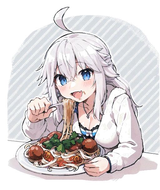 1girl ahoge auxiliary_baka blue_eyes blush breasts cleavage codename:_bakery_girl collarbone eating fang food food_on_face fork hair_between_eyes holding holding_fork hood hood_down hoodie jefuty_(bakery_girl) jewelry long_hair looking_at_viewer meatball meme necklace open_mouth pasta plate skin_fang smile solo spaghetti spaghetti_and_meatballs table tamamo_spaghetti_(meme) upper_body white_hair white_hoodie
