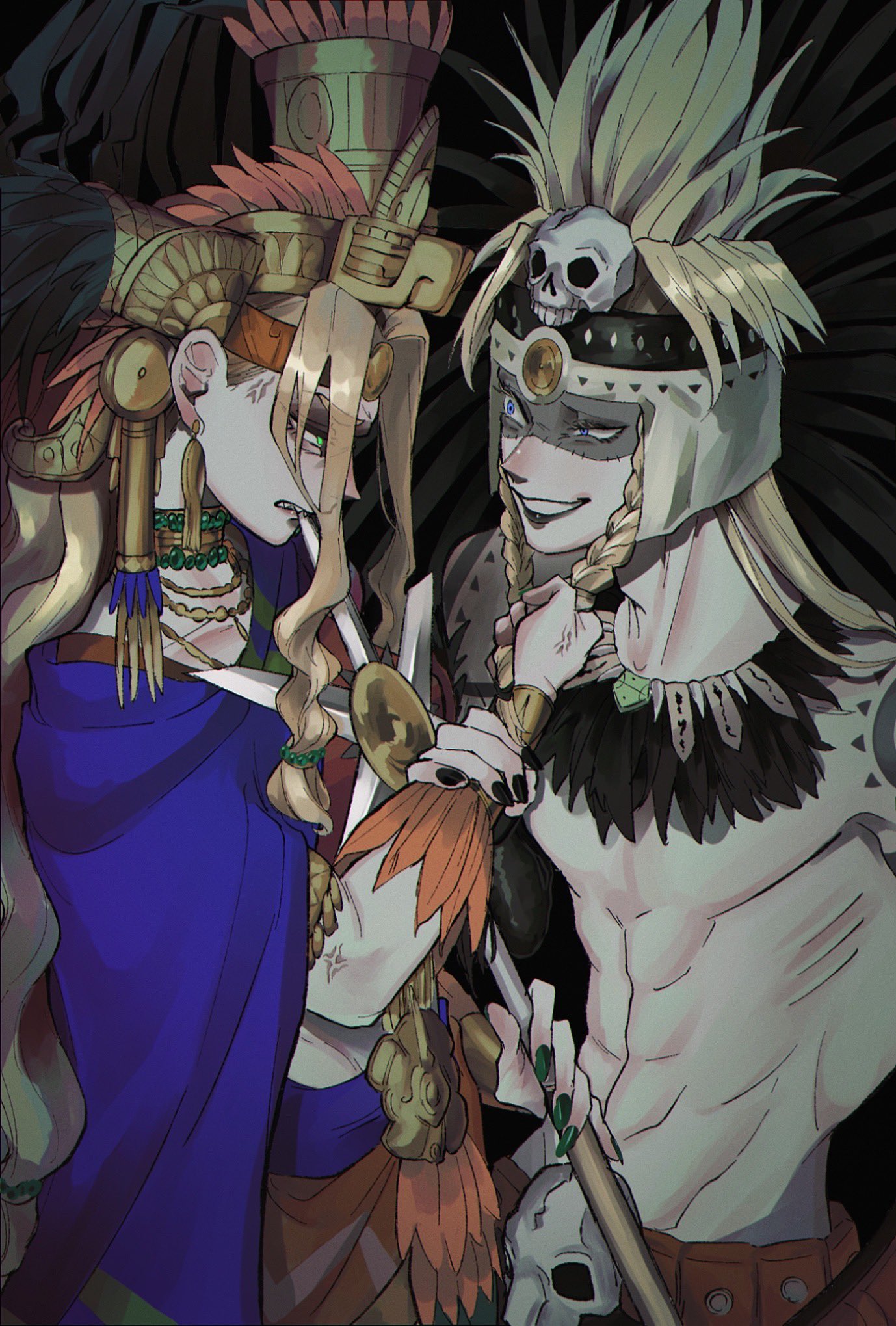 1boy 1girl abs anger_vein angry aztec black_lips blonde_hair blue_eyes braid ca_(ca_gemini) earrings fate/grand_order fate_(series) feathers grabbing_another's_hair green_eyes green_nails grin headdress highres jewelry long_hair makeup pale_skin quetzalcoatl_(fate) skull smile tezcatlipoca_(fate) twin_braids
