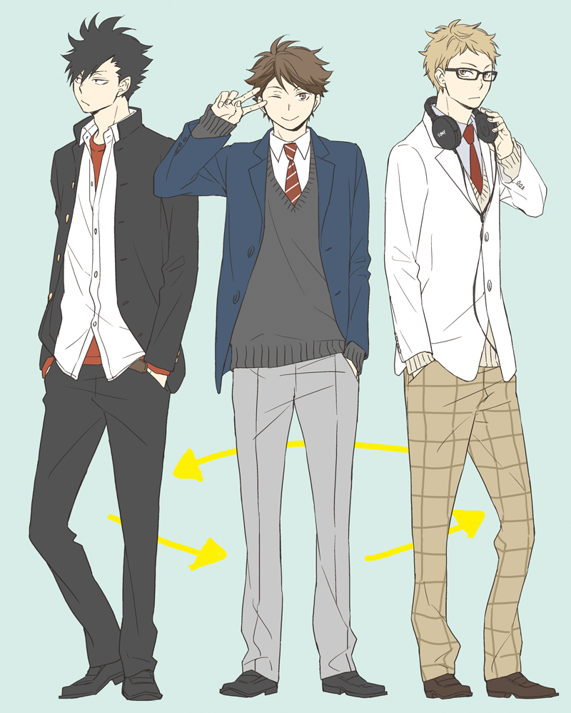 3boys alternate_costume arrow_(symbol) black-framed_eyewear black_eyes black_footwear black_hair black_jacket black_pants blazer blonde_hair blue_shirt brown_eyes brown_footwear brown_hair brown_pants buttoned_cuffs buttons closed_mouth collared_jacket collared_shirt commentary cosplay costume_switch diagonal-striped_necktie frown full_body gakuran glasses grey_pants grey_sweater haikyuu!! hand_in_pocket hand_up headphones headphones_around_neck jacket kuroo_tetsurou lapels legs_apart long_sleeves looking_at_viewer looking_to_the_side male_focus multiple_boys necktie ngs_(nagi_sssa) notched_lapels oikawa_tooru_(haikyuu!!) one_eye_closed open_clothes open_collar open_jacket pants partially_unbuttoned plaid plaid_pants rectangular_eyewear red_necktie red_shirt school_uniform shirt shoes short_hair sideways_glance simple_background sleeves_past_wrists smile standing sweater tsukishima_kei unbuttoned untucked_shirt v white_jacket white_shirt white_sweater