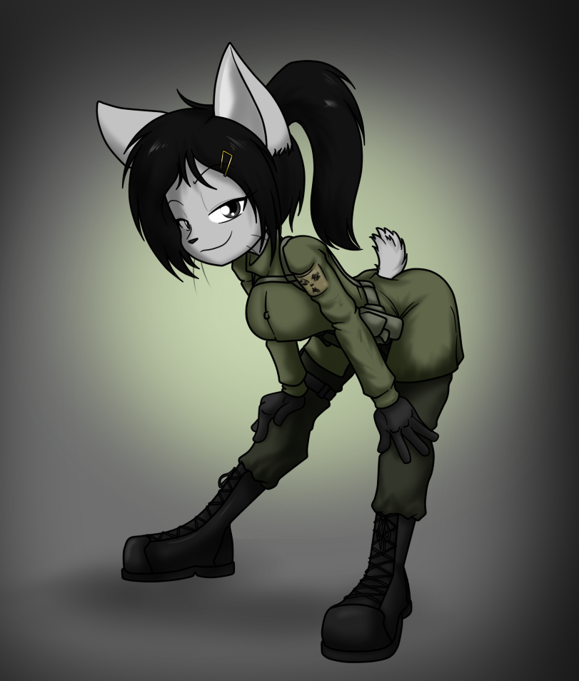 2023 5_fingers anthro big_breasts black_boots black_clothing black_footwear black_gloves black_hair black_handwear boots bottomwear breasts clothed clothing domestic_cat exposure_variation felid feline felis female fingers footwear fur gloves green_bottomwear green_clothing green_pants green_topwear grey_body grey_eyes grey_fur hair handwear leaning leaning_forward looking_at_viewer mammal pants sandwich-anomaly simple_background solo stalker_(game) topwear vanessa_(sandwich-anomaly) whiskers