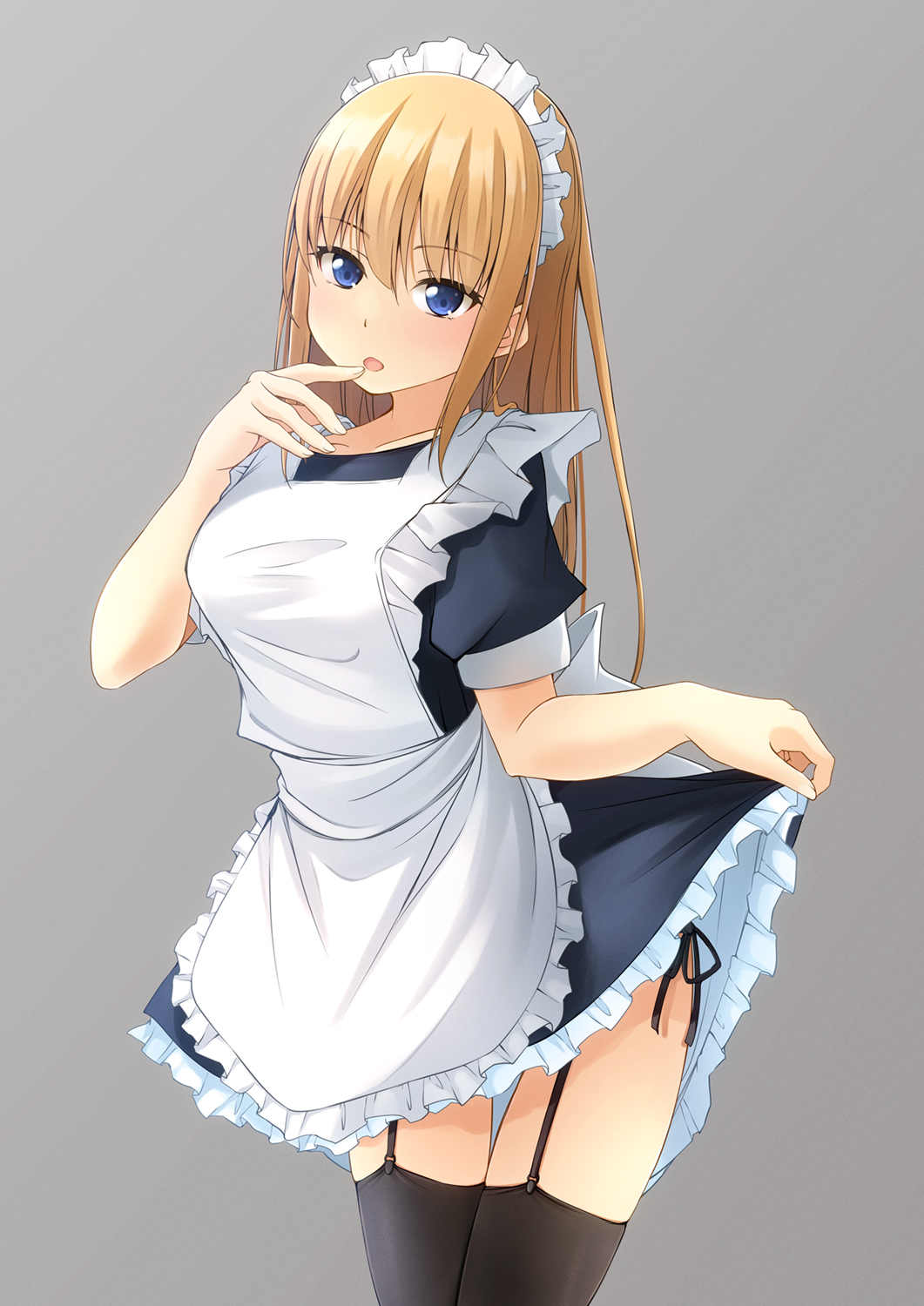 1girl apron bad_anatomy black_dress black_panties black_thighhighs blonde_hair blue_eyes blush breasts clothes_lift collarbone commentary_request dress dress_lift finger_to_mouth frilled_apron frilled_dress frills garter_straps grey_background hair_between_eyes hand_up highres long_hair looking_at_viewer maid maid_apron maid_headdress medium_breasts original panties parted_lips puffy_short_sleeves puffy_sleeves shibacha short_sleeves side-tie_panties simple_background solo thighhighs underwear very_long_hair white_apron