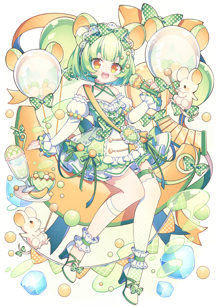 1girl asymmetrical_legwear balloon bow bowtie food frilled_skirt frills green_ribbon grey_hair high_heels hyou_(pixiv3677917) ice_cream lolita_fashion microphone mismatched_legwear open_mouth original rabbit ribbon short_hair skirt smile thigh_strap thighhighs white_background white_thighhighs yellow_eyes