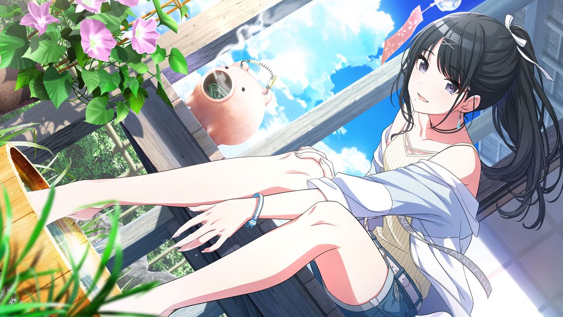 1girl bare_legs bare_shoulders barefoot belt black_choker black_hair blue_shorts blue_sky bracelet choker cloud collarbone day denim denim_shorts dutch_angle earrings feet flower foot_bath foot_out_of_frame game_cg grass hair_ornament hair_ribbon hairclip hand_on_own_knee idolmaster idolmaster_shiny_colors jacket jewelry kazano_hiori knees leaf legs looking_at_viewer mole mole_under_mouth off-shoulder_jacket off_shoulder official_art open_mouth outdoors pink_flower plant ponytail ribbed_tank_top ribbon shorts sitting sky smile soaking_feet solo steam tank_top water white_belt white_jacket white_ribbon wind_chime x_hair_ornament yellow_tank_top