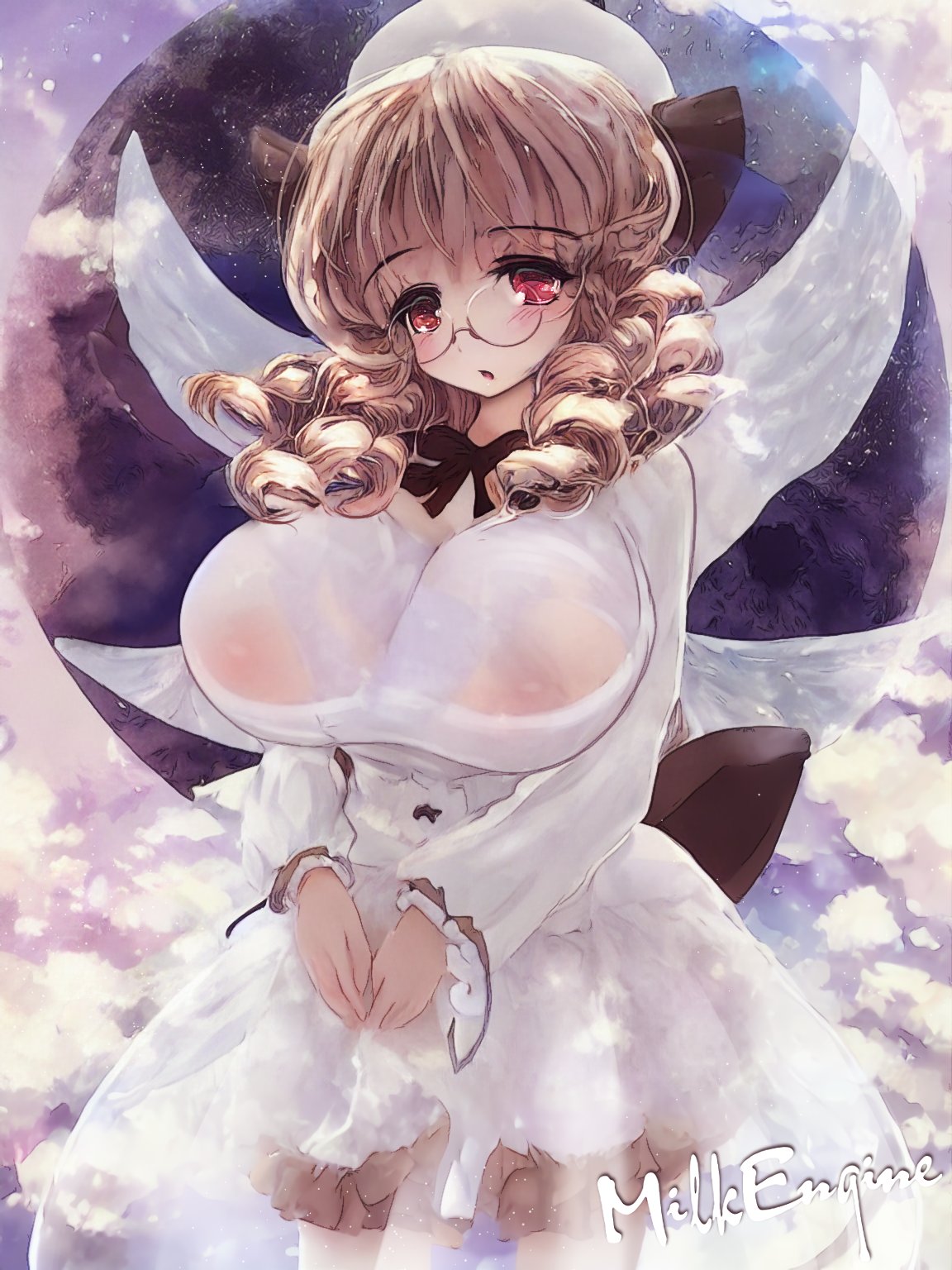 1girl aged_up alternate_breast_size blonde_hair bloomers blush bow breasts curly_hair dress drill_hair fairy fairy_wings glasses hair_bow hat highres huge_breasts kyosuke_fujiwara long_sleeves luna_child medium_hair open_mouth red_eyes ribbon round_eyewear see-through signature solo touhou white_dress white_headwear wings