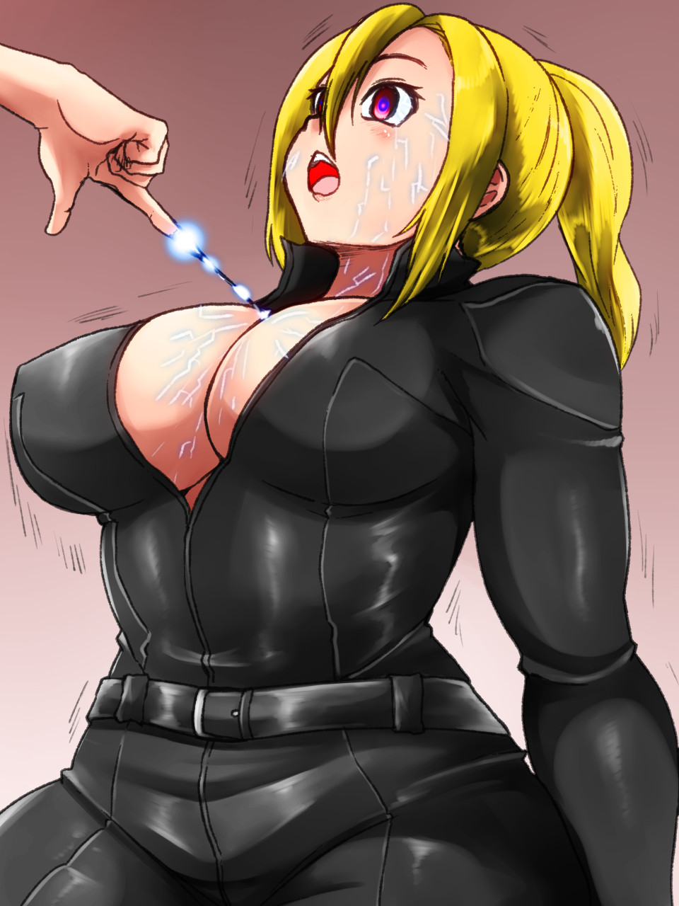 2girls android blonde_hair breasts commission glowing glowing_eyes highres isna_(footprintsofisna) jumpsuit large_breasts mind_control multiple_girls pixiv_commission robot t-800 terminator_(series) the_terminator