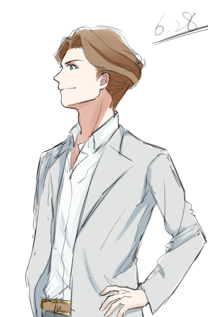 andrew_hanbridge arms_at_sides belt blue_pants brown_belt brown_hair cowboy_shot green_eyes grey_shirt hair_intakes hand_on_hip lapels little_witch_academia notched_lapels pants rmy-nh shirt simple_background smile standing white_background white_shirt