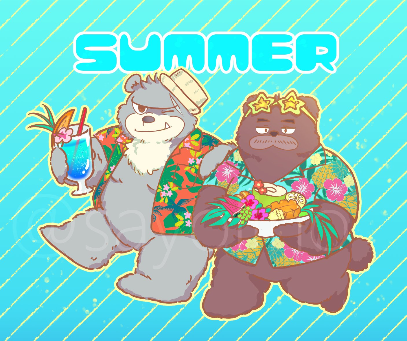 2023 anthro bear beverage brew_(kumalino) brown_body clothing cute_fangs distracting_watermark duo eyewear eyewear_on_head fur grey_body grey_fur hat headgear headwear kemono kumalino male mammal one_eye_closed overweight overweight_male roast_(kumalino) sanrio sayolino shirt sunglasses sunglasses_on_head topwear watermark wink