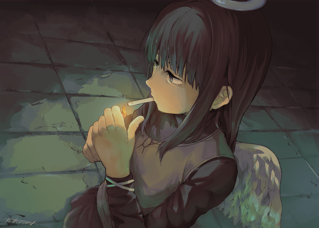 1girl angel angel_wings black_eyes black_hair black_shirt black_skirt cigarette dark expressionless feathered_wings from_above grey_wings haibane_renmei halo ichiromi lighting_cigarette long_hair looking_to_the_side reki_(haibane) shirt skirt smoking solo upper_body vest wings