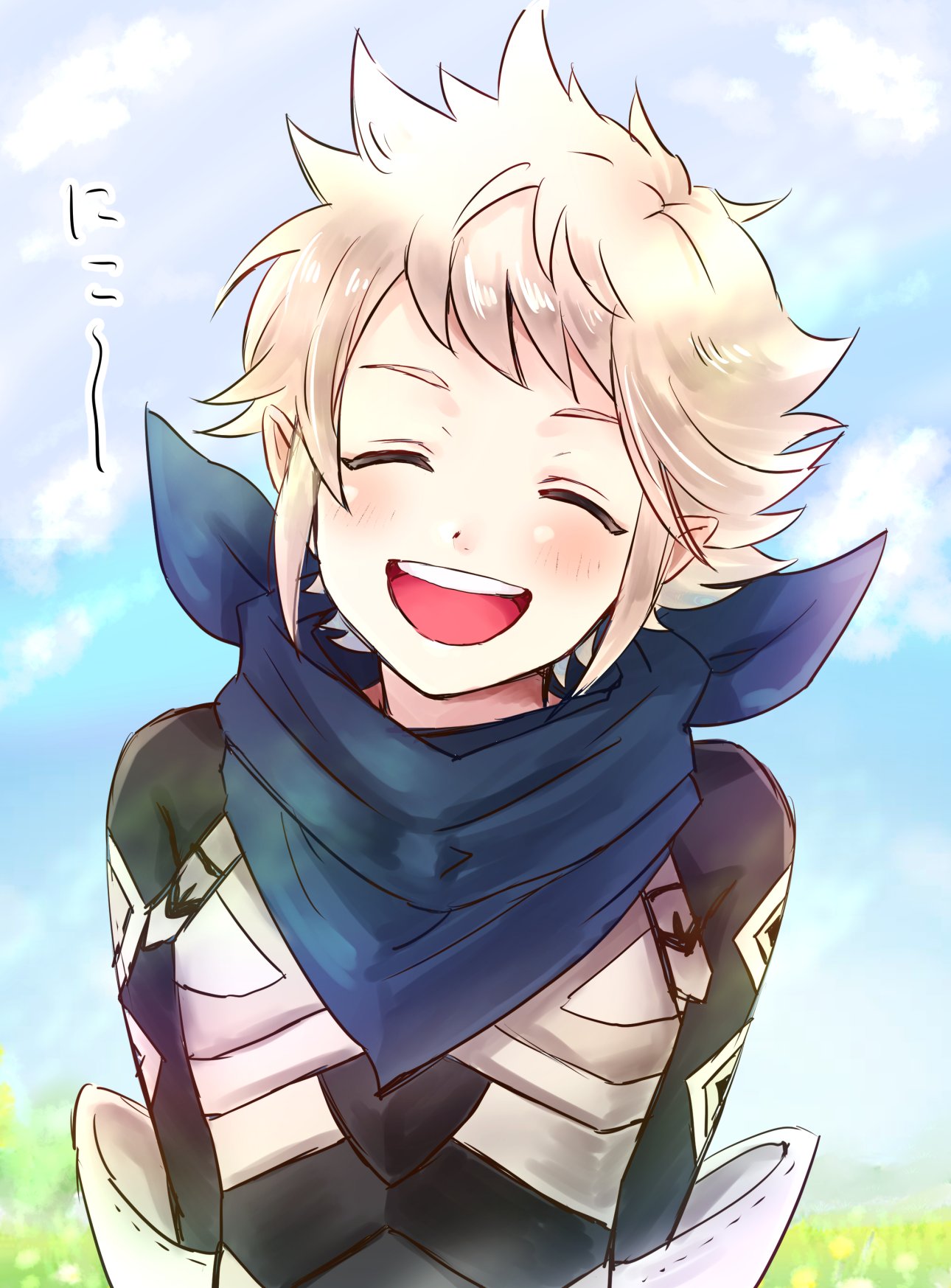 1boy blue_scarf closed_eyes facing_viewer fire_emblem fire_emblem_fates gumiten highres kana_(fire_emblem) kana_(male)_(fire_emblem) open_mouth pointy_ears scarf sidelocks spiked_hair swept_bangs teeth upper_body upper_teeth_only white_hair