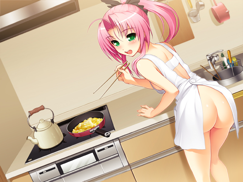 1girl ahoge apron ass black_bow blush bow breasts chopsticks dutch_angle game_cg green_eyes hair_between_eyes hair_bow hair_intakes holding holding_chopsticks kitchen leaning_forward long_hair naked_apron open_mouth pink_hair ponytail shiny_skin sideboob small_breasts solo spica_(sumaga) standing sumaga teapot tsuji_santa white_apron