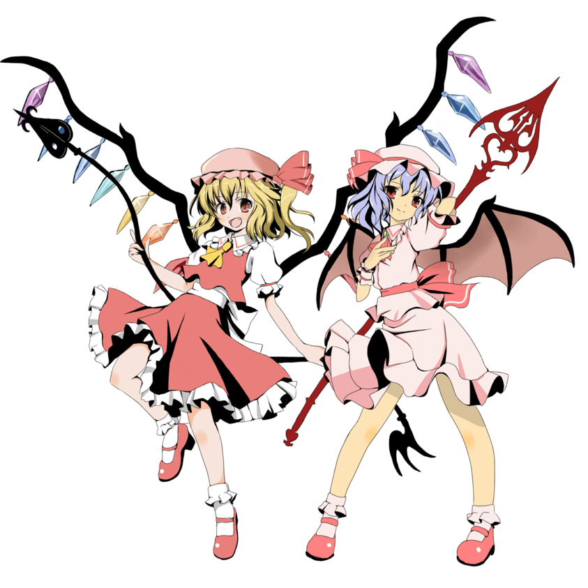 2girls back_bow bat_wings blonde_hair bobby_socks bow closed_mouth collared_shirt crystal fang flandre_scarlet frilled_headwear frilled_shirt_collar frilled_skirt frilled_sleeves frills hand_on_own_chest happy hat hat_ribbon holding holding_polearm holding_weapon laevatein_(touhou) large_bow looking_at_viewer mary_janes medium_hair multicolored_wings multiple_girls one_side_up open_mouth pink_headwear pink_shirt pink_skirt pink_socks polearm puffy_short_sleeves puffy_sleeves purple_hair red_eyes red_footwear red_ribbon red_skirt red_vest remilia_scarlet ribbon shirt shoes short_sleeves siblings simple_background sisters skirt skirt_set sleeve_ribbon smile socks spear_the_gungnir touhou vest weapon white_background white_bow white_shirt white_socks wings wrist_cuffs zol_(rambling7)