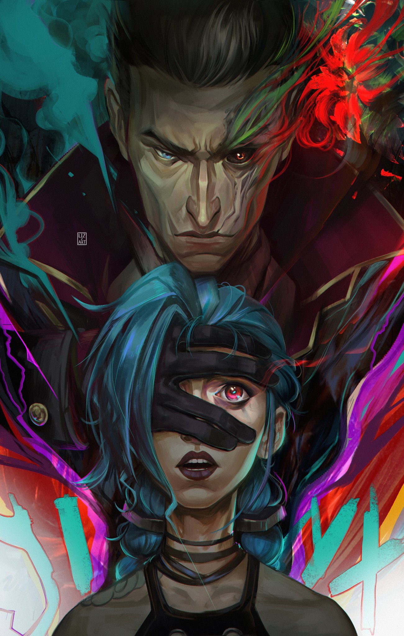 1boy 1girl arcane:_league_of_legends arcane_jinx artist_name bare_shoulders black_gloves black_hair blue_eyes blue_hair collar colored_smoke cuff_links gloves hand_on_another's_face hand_on_another's_head highres jinx_(league_of_legends) league_of_legends lizzart-zardonicz looking_down looking_up mismatched_pupils mismatched_sclera open_mouth purple_eyes red_eyes scar scar_across_eye scar_on_face shoulder_tattoo silco_(arcane) step-perant tattoo