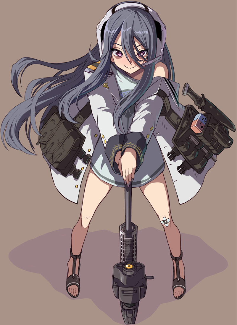 1girl bandaid bandaid_on_knee bandaid_on_leg black_footwear black_hair black_nails closed_mouth embarrassed exia_(nikke) full_body goddess_of_victory:_nikke gun hair_between_eyes handheld_game_console headphones headset holding holding_weapon jacket knife long_hair nail_polish off_shoulder open_clothes open_jacket purple_eyes rifle sandals shirt sidelocks simple_background sniper_rifle solo syope weapon white_jacket