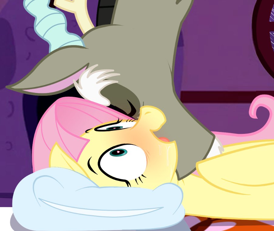 &lt;3 &lt;3_eyes ambiguous_fluids bed blush canaryprimary discord_(mlp) english_description equid equine eyebrow_through_hair eyebrows eyelashes eyes_closed felid female fluttershy_(mlp) friendship_is_magic fur furniture g4 green_eyes grey_body grey_fur hair hasbro hooves horn iranian_mythology kissing kissing_cheek male male/female mammal mane manticore middle_eastern_mythology my_little_pony mythology open_mouth pegasus pillow pink_mane suggestive tongue tongue_out translucent translucent_hair unfinished wingding_eyes wings yellow_body yellow_fur
