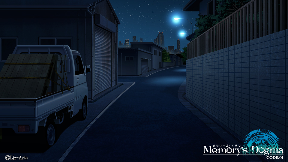 building cargo_pallet city garage lamppost motor_vehicle night night_sky no_humans original road scenery sky star_(sky) starry_sky street truck utility_pole wall yk_funa