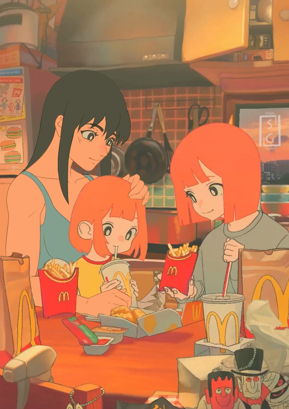 black_hair breasts chicken_(food) chicken_nuggets condiment_packet cup disposable_cup drinking_straw english_commentary fast_food food french_fries fried_chicken genderswap genderswap_(mtf) happy_meal highres holding ketchup long_hair mcdonald's mother_and_daughter multiple_girls open_mouth red_hair sauce shirt short_hair sitting smile stanglassart wife_and_wife yoru_mac