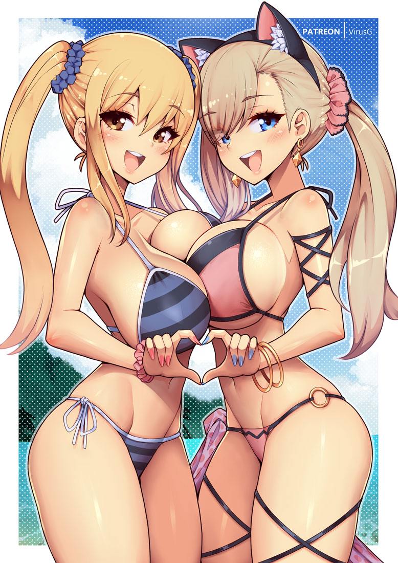 2girls animal_ears bare_shoulders beach between_breasts bikini blonde_hair blue_eyes blush bracelet breast_press breasts brown_eyes cat_ears curvy earrings eden's_zero fairy_tail hair_between_eyes hair_ornament hair_scrunchie heart heart_hands heart_hands_duo huge_breasts jewelry large_breasts long_hair looking_at_viewer lucy_heartfilia multiple_girls ocean open_mouth rebecca_bluegarden scrunchie smile string_bikini swimsuit thick_thighs thighs twintails virus-g wide_hips