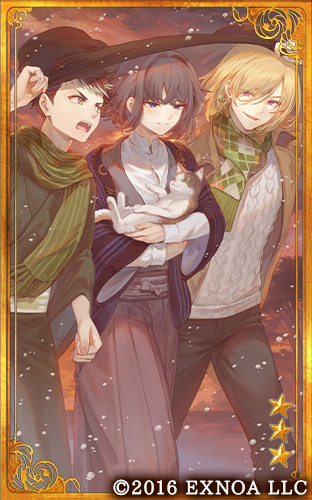 3boys animal aran_sweater argyle argyle_scarf black_hair black_jacket black_kimono black_pants blonde_hair blue_eyes bob_cut brown_hakama brown_jacket bungou_to_alchemist button_gap cable_knit calico card_(medium) cat closed_mouth copyright cowboy_shot crossed_bangs dress_shirt dusk earrings green_eyes green_scarf grey_kimono hagiwara_sakutarou hair_intakes hakama hand_up haori holding holding_animal holding_clothes holding_jacket improvised_umbrella jacket jacket_over_head japanese_clothes jewelry kajii_motojirou_(bungou_to_alchemist) kimono light_blush long_sleeves looking_at_animal looking_at_another lowres male_focus mashuu_(neko_no_oyashiro) medium_hair miyoshi_tatsuji_(bungou_to_alchemist) multicolored_hair multiple_boys official_art open_mouth outdoors pants parted_lips purple_eyes sash scarf shared_clothes shared_jacket shirt short_bangs short_hair smile snowing streaked_hair striped striped_jacket striped_scarf sweater swept_bangs teeth tree upper_teeth_only v-shaped_eyebrows walking white_hair white_sash white_shirt white_sweater