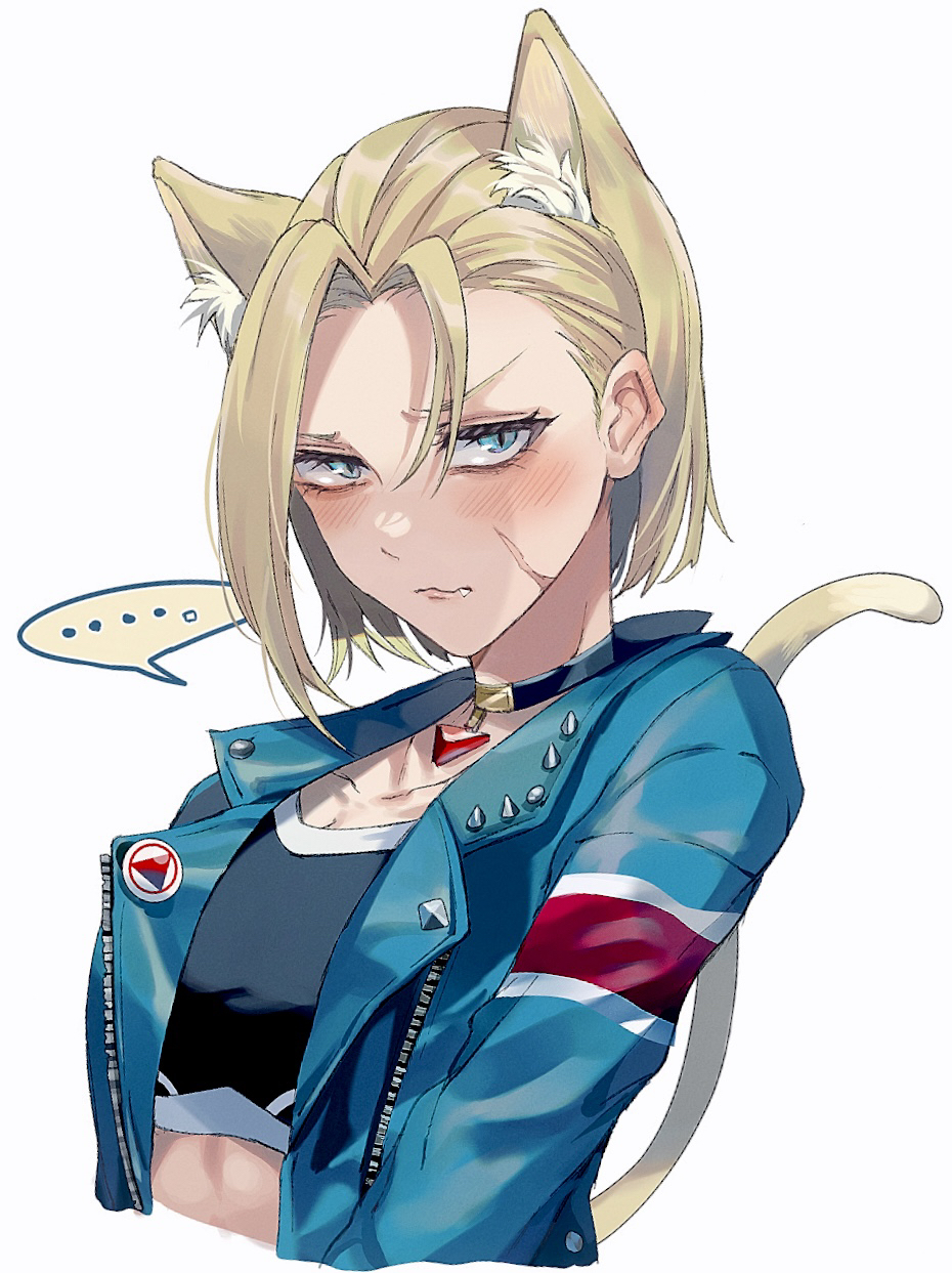 angry animal_ears blonde_hair blue_eyes blue_jacket blush cammy_white cat_ears cat_tail collar crop_top embarrassed fang highres jacket kayanogura looking_at_viewer medium_hair scar scar_on_cheek scar_on_face simple_background slit_pupils speech_bubble street_fighter street_fighter_6 tail wavy_mouth white_background