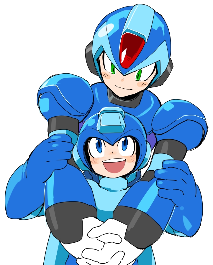 2boys android blue_eyes blush commentary_request green_eyes helmet hug hug_from_behind looking_down looking_up male_focus mega_man_(character) mega_man_(classic) mega_man_(series) mega_man_x_(series) multiple_boys robot simple_background white_background x_(mega_man) yuriyuri_(ccc)