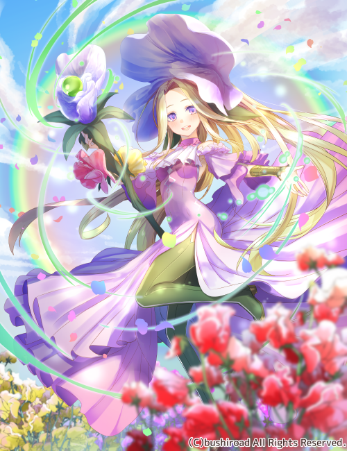 1girl :d aura blonde_hair boots bracer breasts cardfight!!_vanguard cloud day detached_sleeves dress falling_petals flower flower_hat foot_out_of_frame frilled_sleeves frills green_footwear halter_dress halterneck holding holding_staff long_dress long_sleeves looking_at_viewer mage_staff medium_breasts official_art ori_simo outstretched_hand parted_bangs petals pleated_dress purple_dress purple_eyes purple_flower purple_headwear red_flower side_slit smile solo staff standing standing_on_one_leg teeth thigh_boots upper_teeth_only yellow_flower