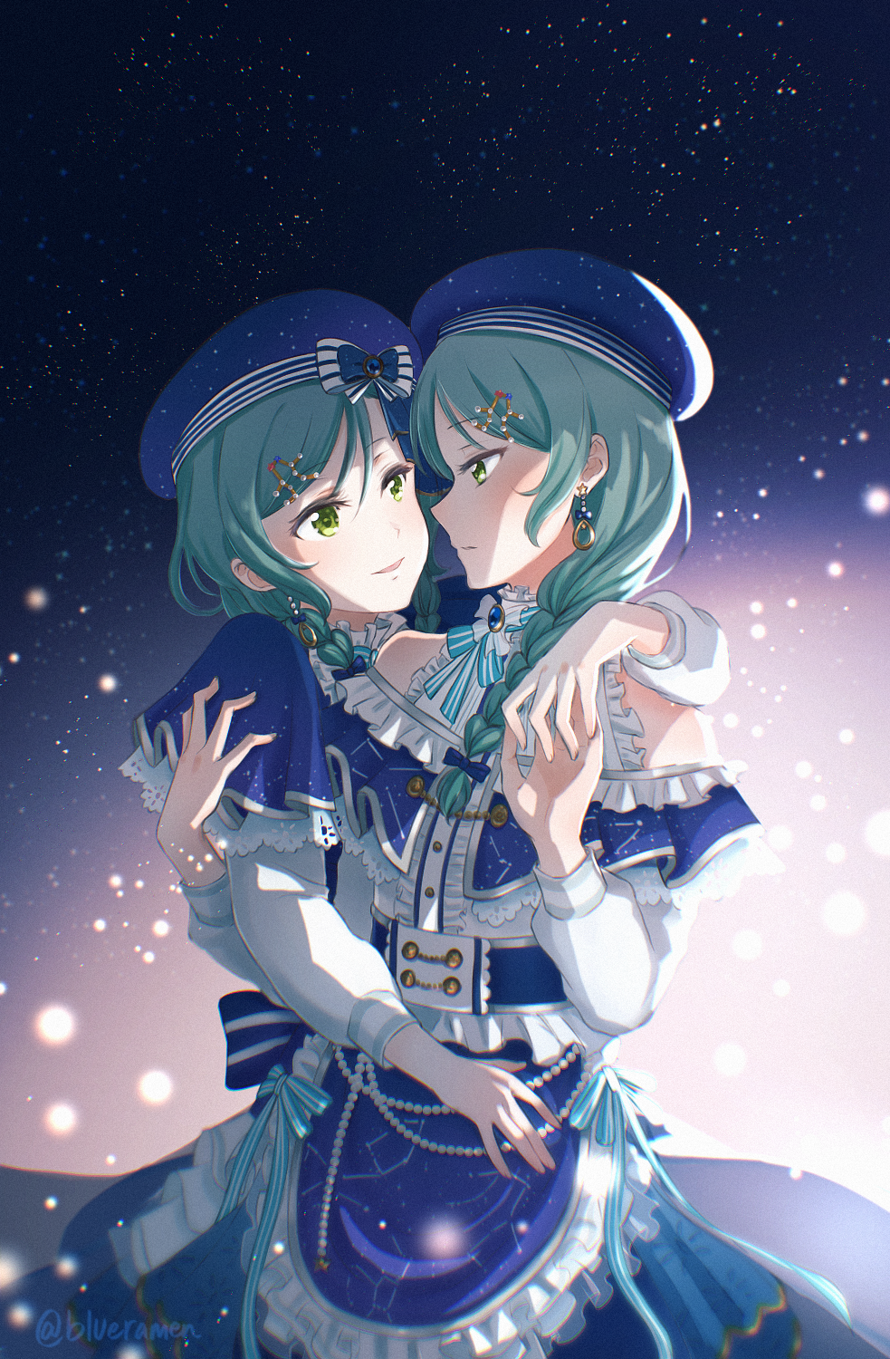 2girls aqua_hair bang_dream! blue_bow blue_dress blue_headwear blue_ribbon bow braid commission dress earrings frilled_dress frills green_eyes hair_ornament hairclip hand_grab hand_on_another's_hip highres hikawa_hina hikawa_sayo imminent_kiss incest jewelry light_rays long_hair looking_at_another multiple_girls naughty_face pixiv_commission ribbon siblings signature sisters starry_background twin_braids twincest twins white_bow xin_(blueramen) yuri