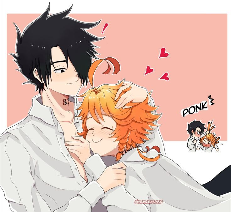 &gt;_&lt; 1boy 1girl black_eyes black_hair braid closed_eyes closed_mouth emma_(yakusoku_no_neverland) hair_over_one_eye nanacroosy orange_hair ray_(yakusoku_no_neverland) shirt short_hair smile twitter_username white_shirt yakusoku_no_neverland