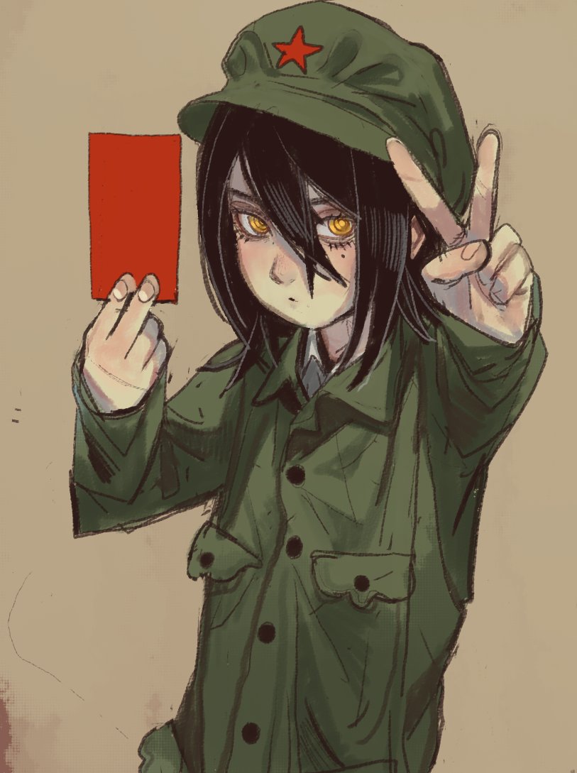 1girl black_hair chainsaw_man green_headwear green_jacket jacket looking_at_viewer military_uniform mossacannibalis nayuta_(chainsaw_man) people's_liberation_army red_card red_star sketch solo uniform v yellow_background yellow_eyes