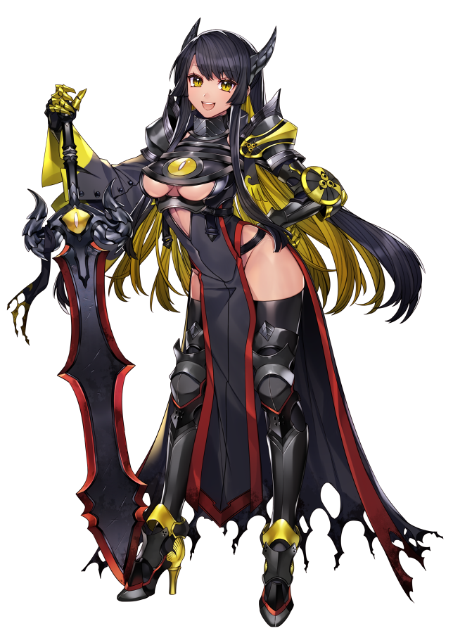 1girl :d aegislash alternate_color armor black_hair black_horns black_thighhighs blonde_hair breasts colored_inner_hair dress full_body gauntlets groin high_heels horns katagiri_hachigou legs_apart long_hair looking_at_viewer medium_breasts midriff multicolored_hair open_mouth pelvic_curtain personification pokemon round_teeth shiny_pokemon shoulder_armor simple_background smile solo standing sword teeth thighhighs third_eye third_eye_on_chest two-tone_hair underboob upper_teeth_only very_long_hair weapon white_background yellow_eyes