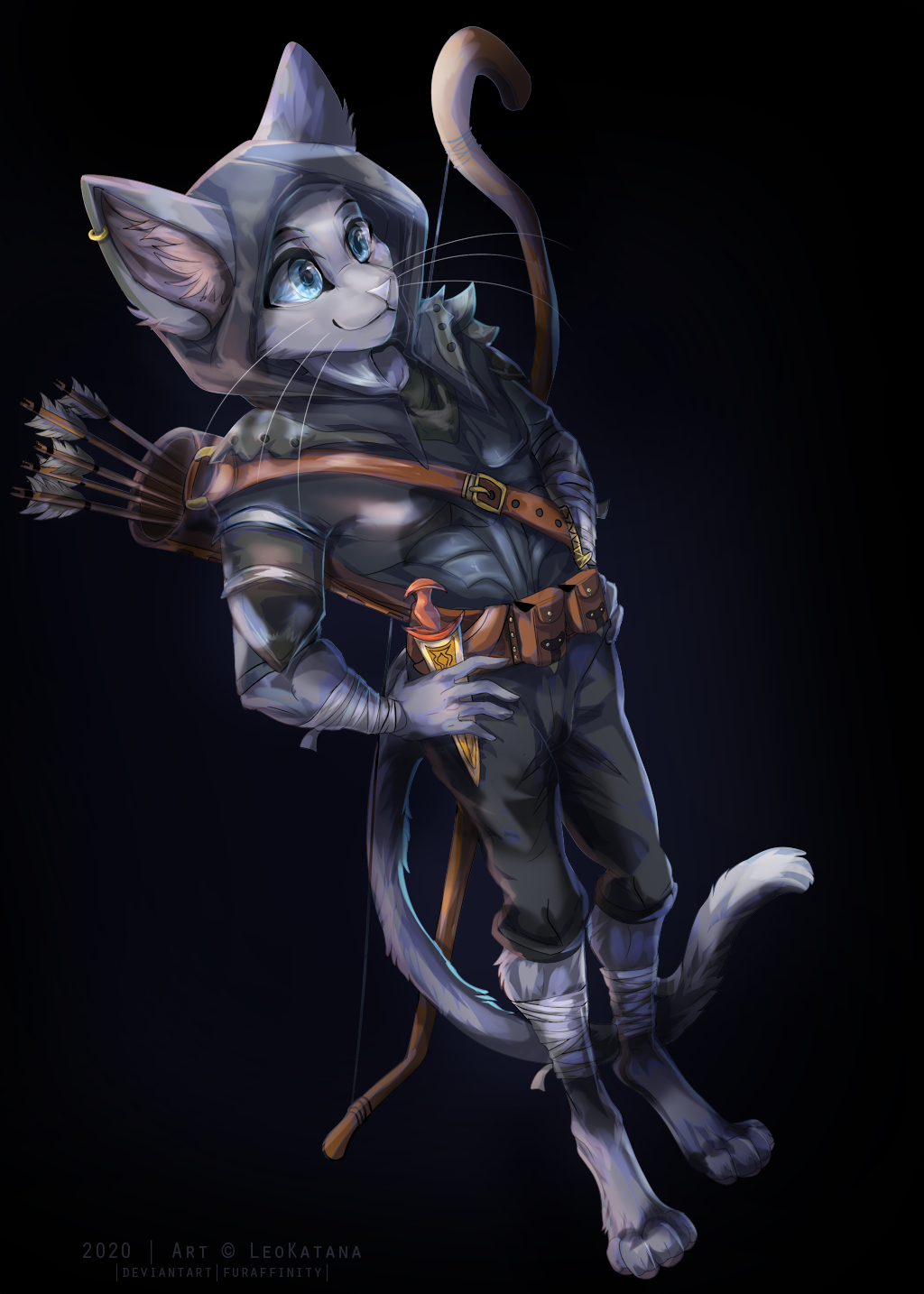 5_fingers anthro arrow_(weapon) biped black_background blue_eyes bow_(weapon) clothed clothing domestic_cat dungeons_and_dragons ear_piercing ear_ring eyebrows felid feline felis fingers fur grey_body grey_fur hasbro hi_res hood inner_ear_fluff leokatana male mammal piercing ranged_weapon ring_piercing russian_blue simple_background smile solo tabaxi tail tuft weapon whiskers wizards_of_the_coast