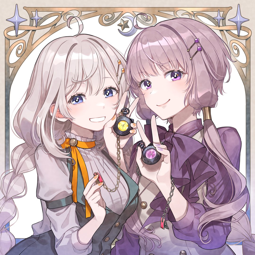 2girls ahoge alternate_costume bartender black_vest blue_eyes bow bowtie braid chain cherico closed_mouth collared_shirt commentary_request crescent framed grey_hair grin hair_ornament hair_tubes hairclip half-closed_eyes hand_up holding holding_pocket_watch kizuna_akari light_purple_hair long_hair looking_at_viewer multiple_girls neck_ribbon orange_nails orange_ribbon pocket_watch product_placement promotional_art purple_bow purple_bowtie purple_eyes purple_nails purple_shirt ribbed_shirt ribbon second-party_source shirt short_hair_with_long_locks side-by-side sleeve_garter sleeves_past_elbows smile star_(symbol) twin_braids upper_body very_long_hair vest voiceroid watch white_background white_shirt white_vest yuzuki_yukari