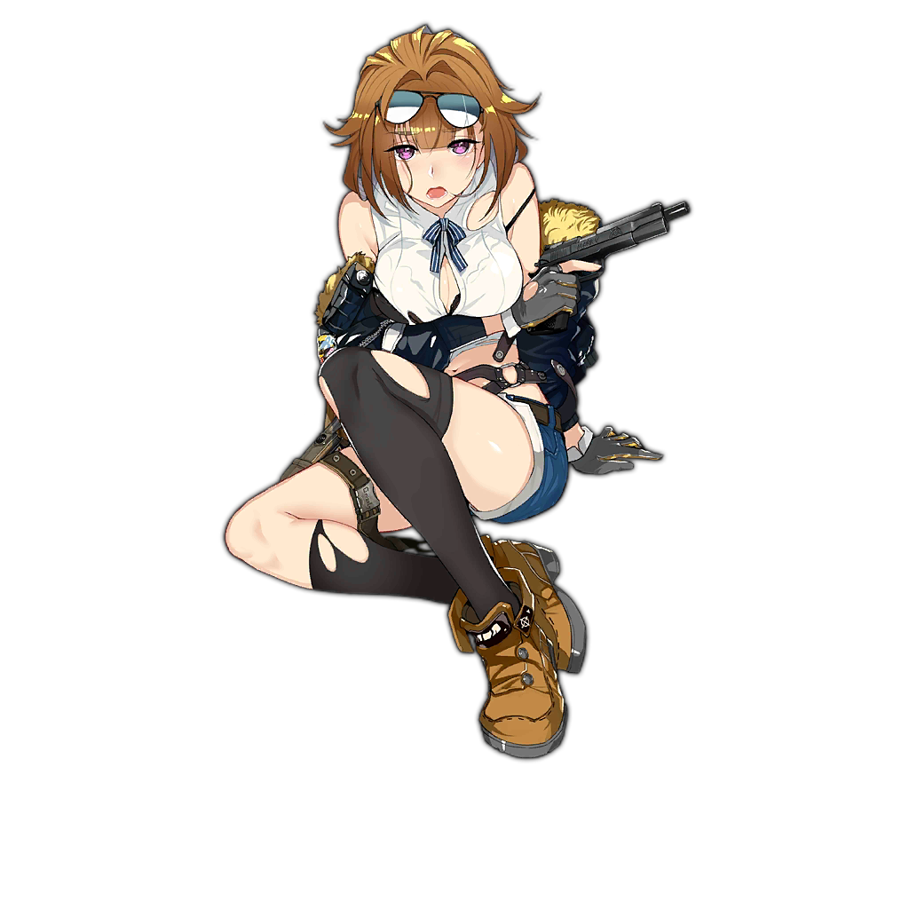1girl ankle_boots asymmetrical_legwear aviator_sunglasses bare_shoulders belt black_bra black_gloves black_socks black_thighhighs blouse blush boots bra breast_hold breasts brown_hair damaged defeat eyewear_on_head full_body girls'_frontline gloves grey_hair grizzly_mkv_(girls'_frontline) grizzly_win_mag gun holding holding_gun holding_weapon holster jacket large_breasts looking_at_viewer multicolored_hair nose off_shoulder official_art open_mouth purple_eyes realmbw ribbon shirt short_hair shorts sitting socks solo strap striped striped_ribbon sunglasses thigh_holster thighhighs torn_clothes torn_thighhighs transparent_background trigger_discipline underwear uneven_legwear weapon white_shirt