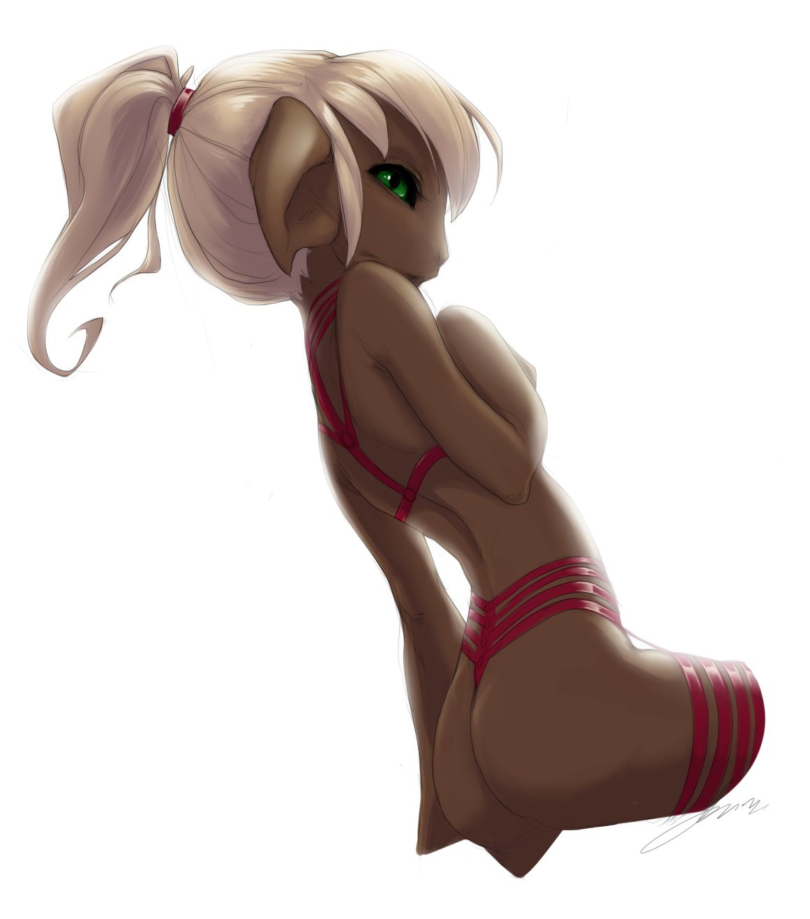 2022 asura blonde_hair brown_body brown_skin butt clothing colored_sketch covering covering_self female green_eyes guild_wars hair hand_on_chest hi_res humanoid ivory-raven licheart lingerie looking_at_viewer looking_back looking_back_at_viewer ponytail red_straps side_view sketch solo straps yenna