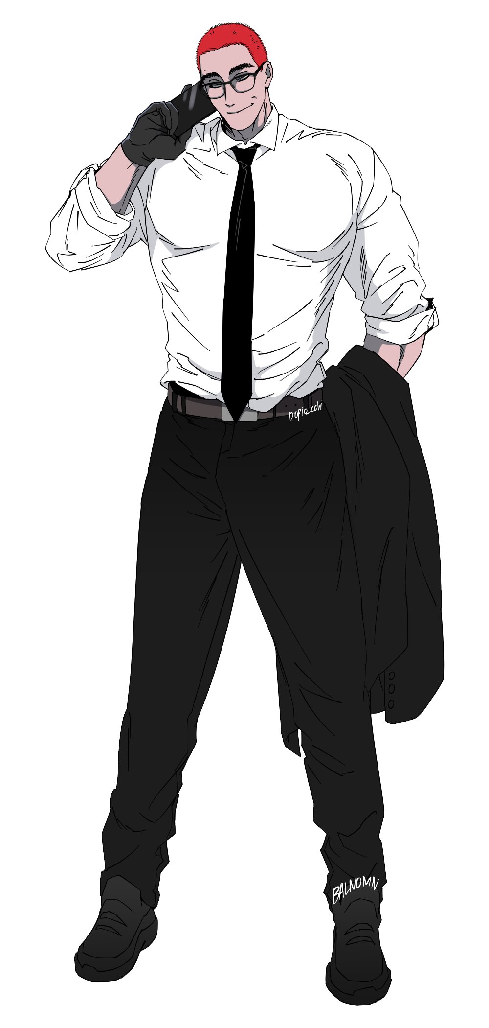 1boy balnom bara belt buzz_cut collarbone full_body glasses highres large_pectorals looking_at_viewer male_focus mature_male muscular muscular_male necktie original pectorals red_hair salaryman seductive_smile short_hair smile solo tachi-e thick_eyebrows very_short_hair