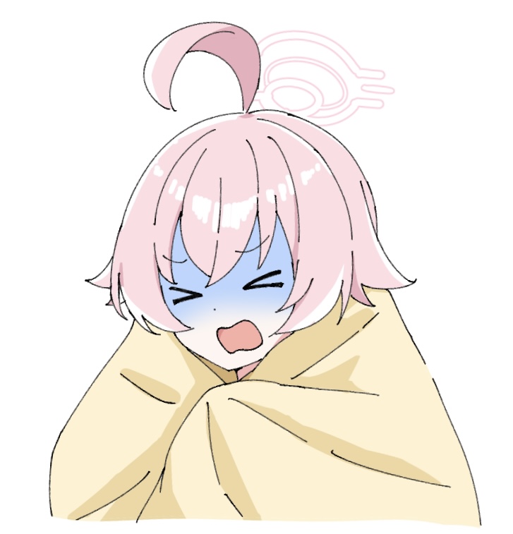 &gt;_&lt; 1girl ahoge blanket blue_archive chibi cold commentary_request covering_with_blanket hair_between_eyes halo hoshino_(blue_archive) open_mouth pink_hair pink_halo sanz_zzz shaded_face simple_background solo v-shaped_eyebrows wavy_hair white_background