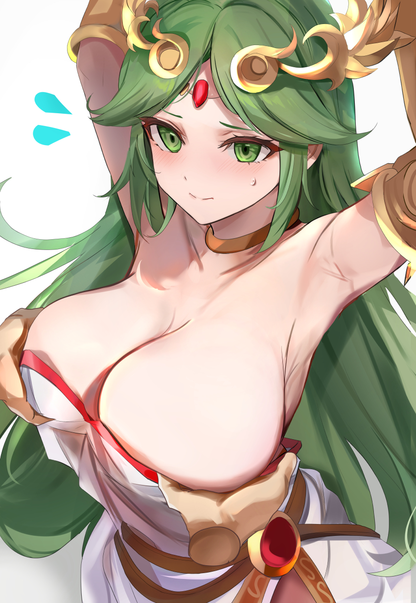 1girl 1other armpits arms_up blush breasts cleavage grabbing grabbing_another's_breast green_eyes green_hair highres kid_icarus kid_icarus_uprising large_breasts palutena simple_background sweatdrop tagme tomas_(kaosu22) white_background