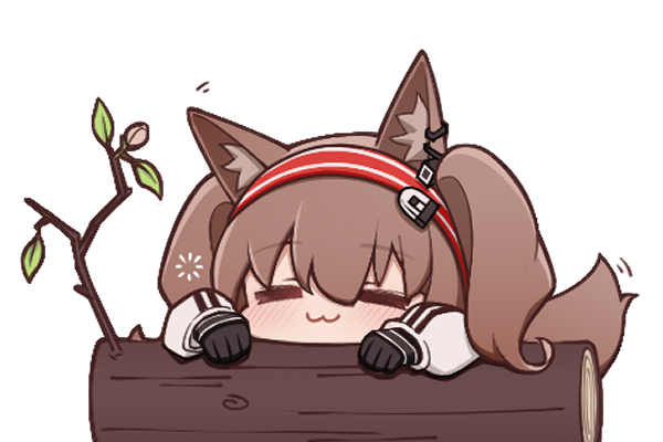 :3 angelina_(arknights) animal_ear_fluff animal_ears arknights black_gloves blush chibi closed_eyes earpiece earrings fox_ears fox_girl gloves hairband jewelry leaf log lxjun_09 red_hairband striped striped_hairband tail twintails two-tone_hairband white_background