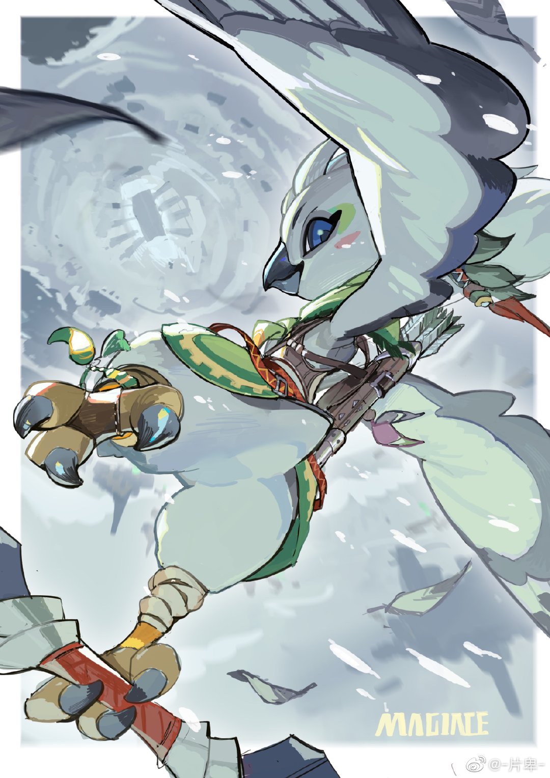 anthro arrow_(weapon) avian beak black_beak blue_eyes bow_(weapon) claws feathered_wings feathers flying hi_res magiace male nintendo ranged_weapon rito tears_of_the_kingdom the_legend_of_zelda tulin_(tloz) weapon white_body wings