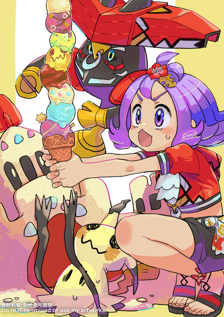 1girl acerola_(pokemon) acerola_(sygna_suit)_(pokemon) commentary_request flipped_hair flower food hair_flower hair_ornament haraya holding ice_cream ice_cream_cone medium_hair mimikyu official_alternate_costume open_mouth palossand pokemon pokemon_(creature) pokemon_(game) pokemon_masters_ex purple_eyes purple_hair red_flower sandals shirt shorts signature squatting sweatdrop tapu_bulu toes too_many too_many_scoops topknot watermark