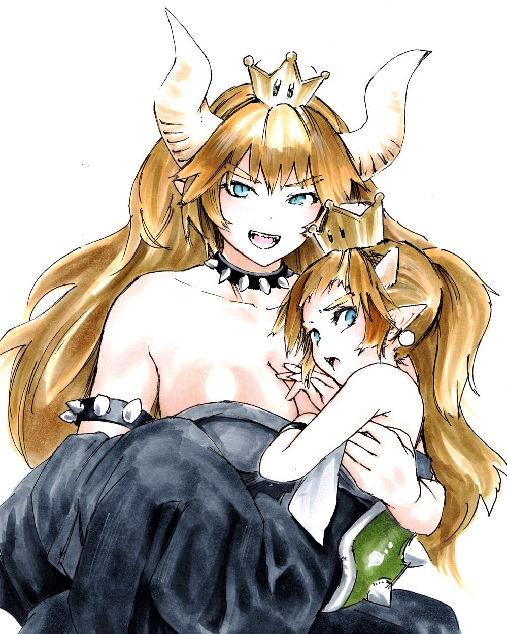 2girls age_difference akuroporisu armlet bare_shoulders black_dress blonde_hair blue_eyes bowsette bowsette_jr. breasts cleavage collar crown dress earrings highres horns jewelry large_breasts long_hair looking_at_viewer mario_(series) multiple_girls new_super_mario_bros._u_deluxe open_mouth pointy_ears simple_background smile spiked_armlet spiked_collar spiked_shell spikes strapless strapless_dress super_crown turtle_shell upper_body white_background white_horns