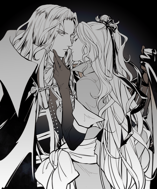 1boy 1girl alucard_(castlevania) castlevania castlevania:_symphony_of_the_night closed_mouth grel_(r6hgvu5) greyscale long_hair looking_at_viewer maria_renard monochrome simple_background