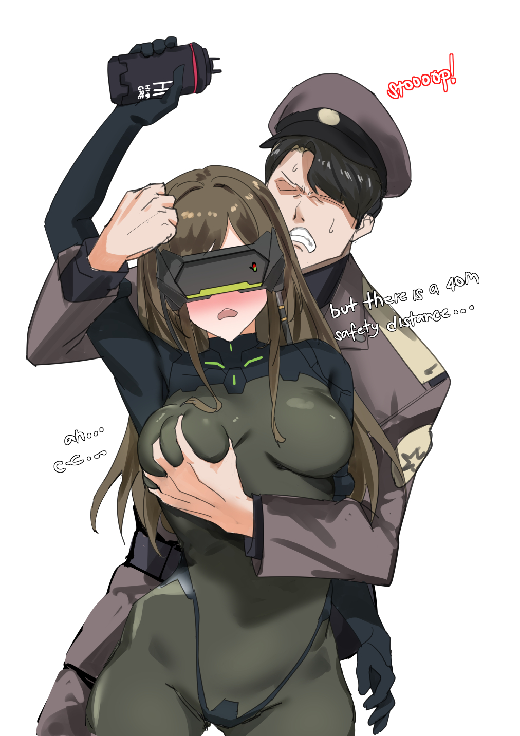 1boy 1girl accidental_pervert accidental_touch arm_up armor armored_gloves blazingchaos bodysuit breast_grab breasts brown_hair commander_(nikke) from_above full_body goddess_of_victory:_nikke grabbing grabbing_from_behind green_bodysuit hand_on_headwear highres holding holding_weapon impossible_bodysuit impossible_clothes long_hair mass-produced_nikke medium_breasts military military_uniform shoulder_armor simple_background skin_tight standing uniform visor_(armor) weapon white_background