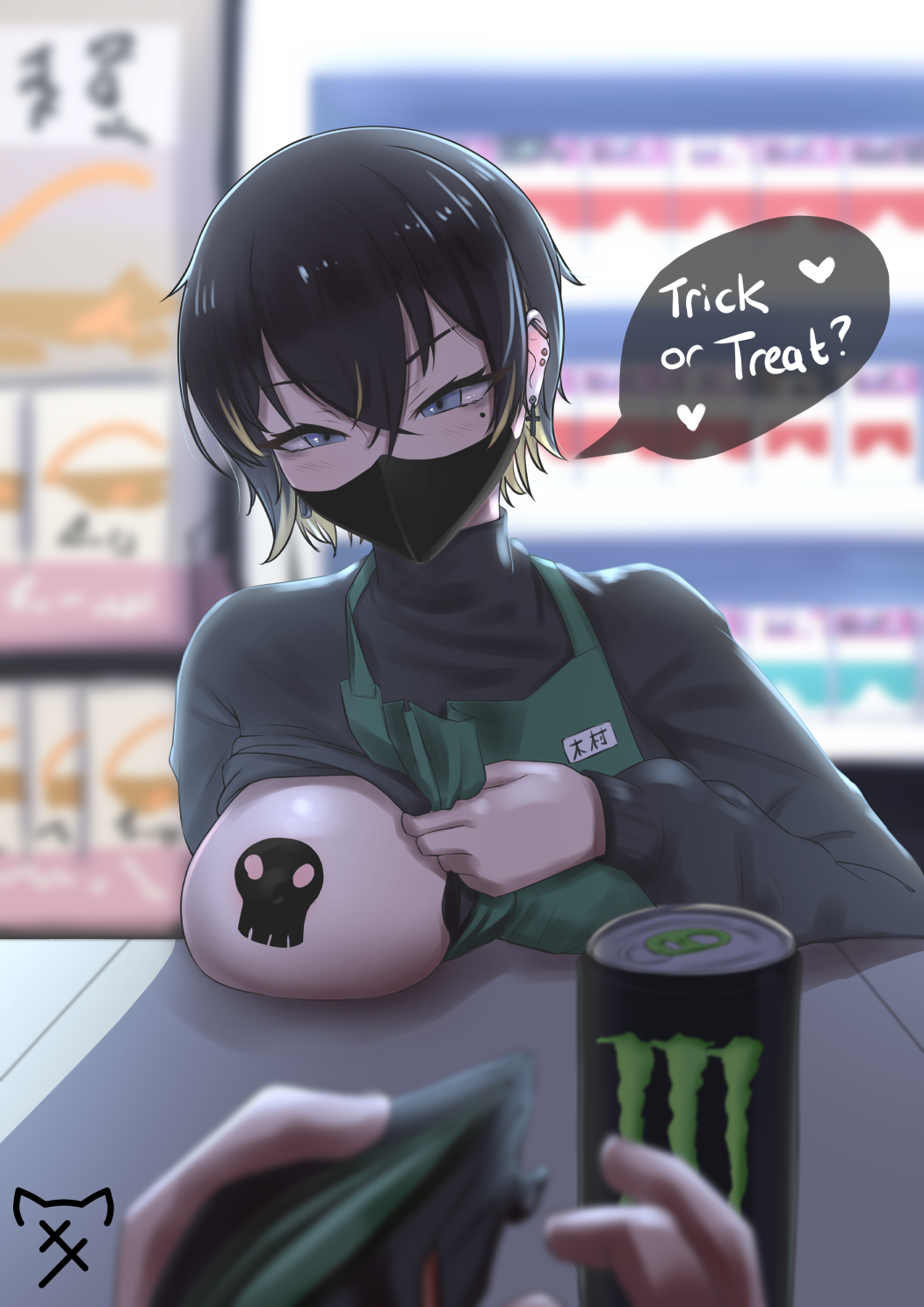1girl apron artist_logo black_hair black_mask black_sweater blonde_hair blue_eyes blurry blurry_background breasts can covered_nipples energy_drink exhibitionism green_apron heart highres mask mole mole_under_eye monster_energy mouth_mask multicolored_hair nyaxxy one_breast_out original pov public_indecency short_hair skull_pasties speech_bubble streaked_hair sweater trick_or_treat turtleneck turtleneck_sweater upper_body wallet