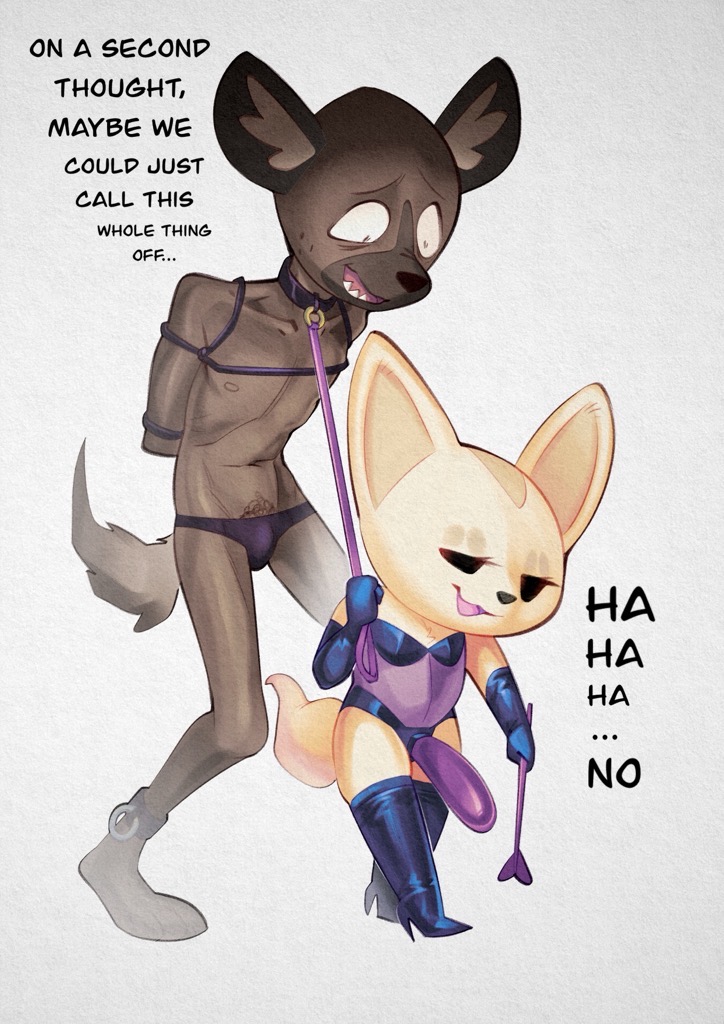 aggretsuko anthro armwear bdsm bondage boots bound canid canine clothing collar dildo duo elbow_gloves english_text female fennec fenneko footwear fox gloves haida_(aggretsuko) hands_behind_back handwear high_heeled_boots high_heels hyena larger_male laugh leash male male/female mammal nervous open_mouth open_smile sanrio sex_toy simple_background size_difference smaller_female smile strapon text white_background xu53r