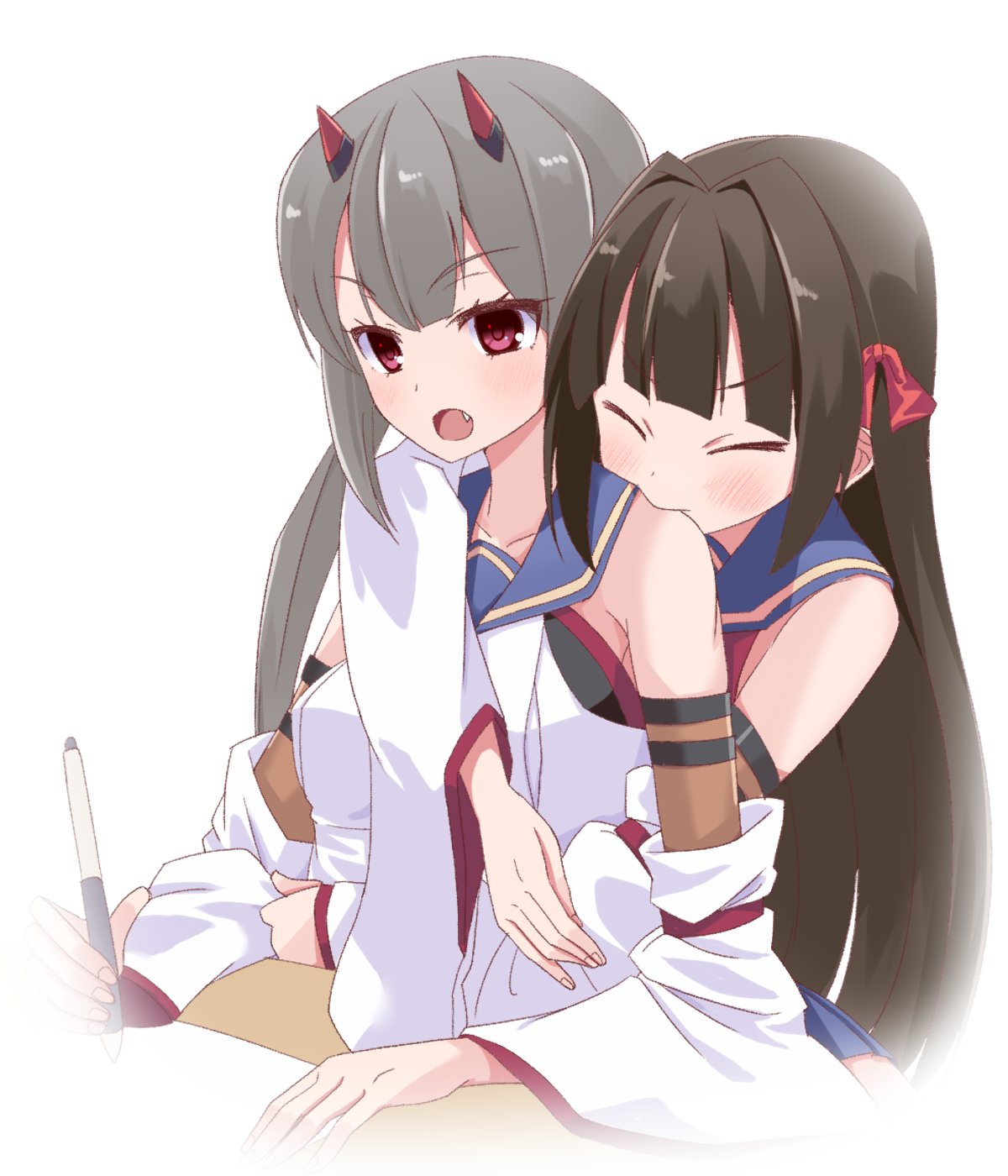 2girls arms_on_table assault_lily bare_shoulders biting biting_shoulder blue_sailor_collar blunt_bangs blush breasts brown_hair closed_eyes collarbone detached_sleeves fang fingernails fujita_asagao grey_hair gumoyu hair_intakes hair_ribbon head_on_another's_shoulder highres holding holding_pen horns hug hug_from_behind kozue_west layered_sleeves long_hair long_sleeves looking_ahead low_twintails mechanical_horns medium_breasts multiple_girls odaiba_girls_high_school_uniform open_mouth paper pen red_eyes red_horns red_ribbon ribbon sailor_collar school_uniform serafuku shirt simple_background sleeveless sleeveless_shirt table twintails upper_body v-shaped_eyebrows very_long_hair white_background white_shirt wide_sleeves yuri