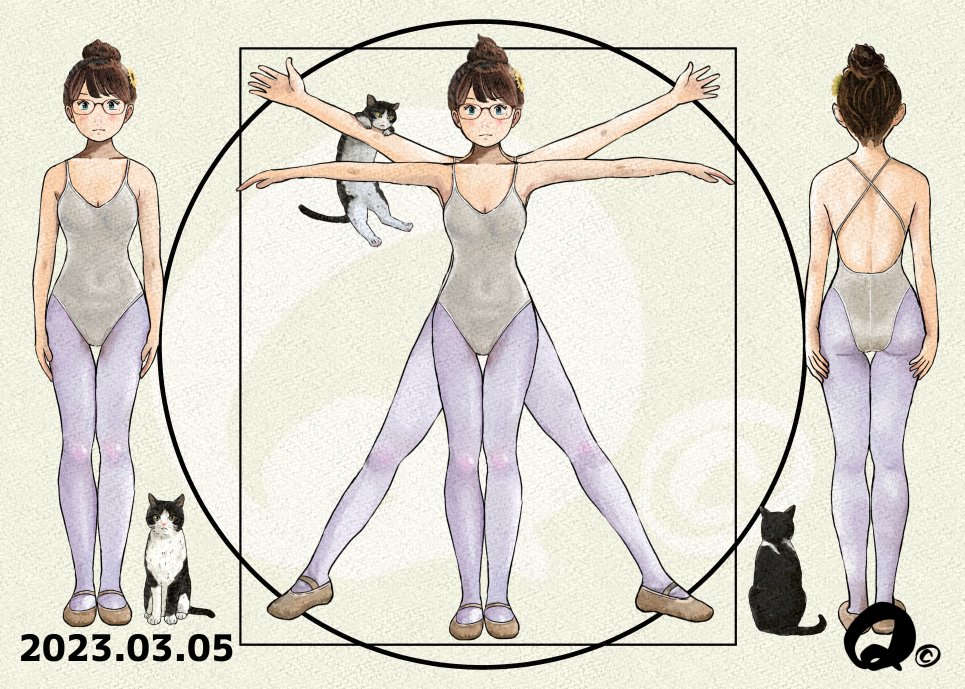 1girl :| ass ballerina ballet_slippers blush breasts brown_hair cat circle cleavage closed_mouth collarbone copyright covered_navel dated glasses hair_bun leotard multiple_views pantyhose parchment pink_leotard q98780409 signature simple_background square t-pose thigh_gap vitruvian_man white_pantyhose